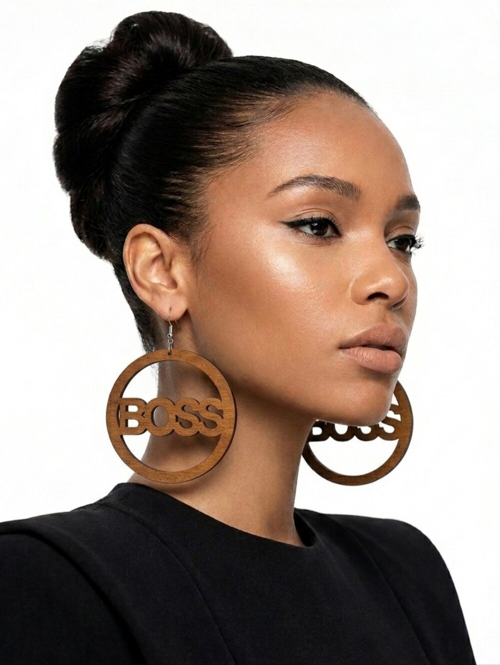 Statement Wooden "BOSS" Circular Drop Earrings